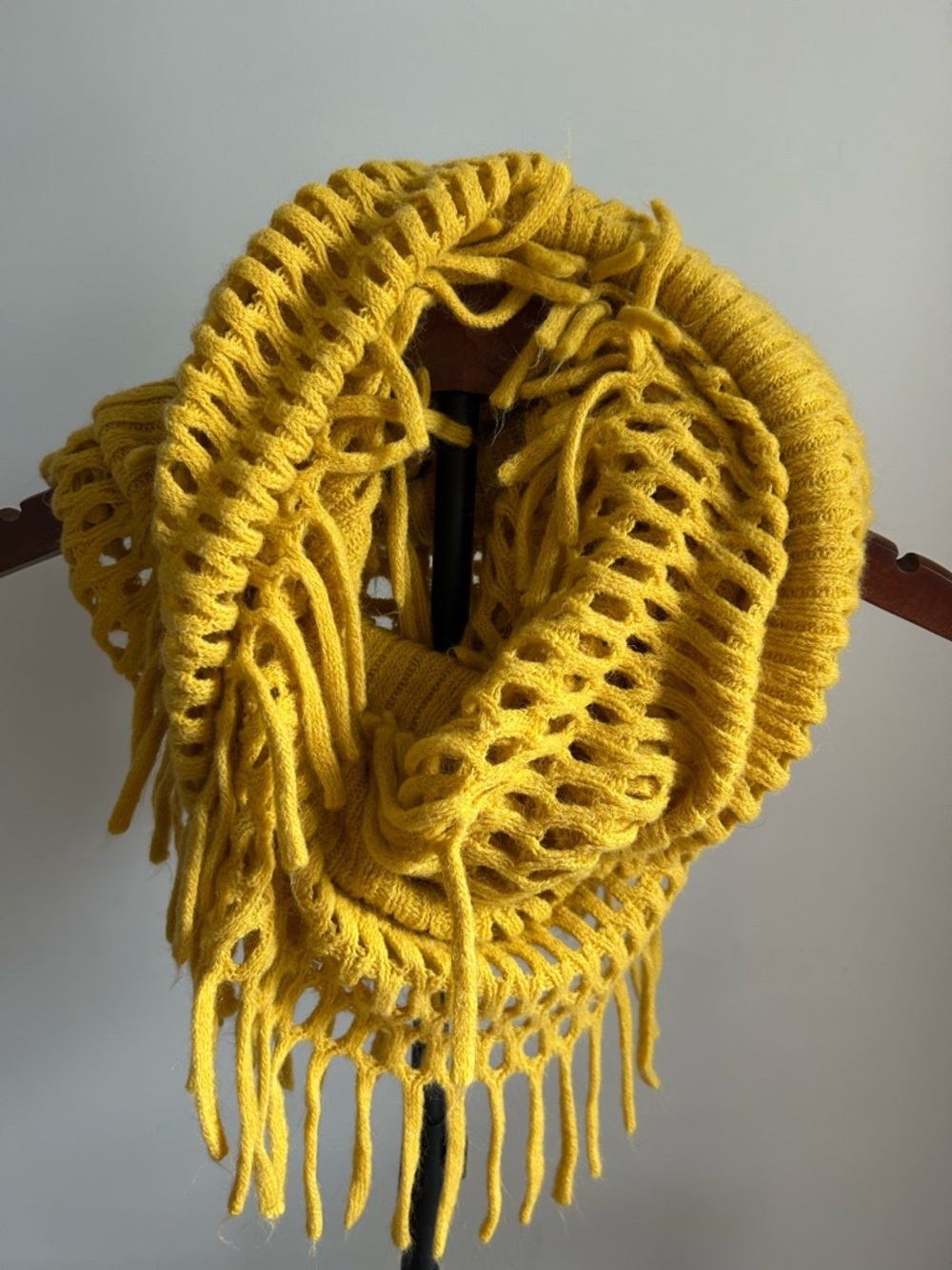 Mustard Yellow Fringe Knit Scarf Lightweight Infinity Style